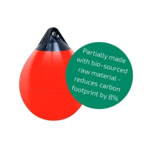 Polyform A3 red teardrop fender with dark blue top and eyelet, shown on white background with green badge stating “Partially made with bio‑sourced raw material — reduces carbon footprint by 8%.”