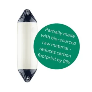 Polyform F3 white cylindrical fender with dark blue top and bottom eyelets on white background, plus green badge reading “Partially made with bio‑sourced raw material — reduces carbon footprint by 8%.”