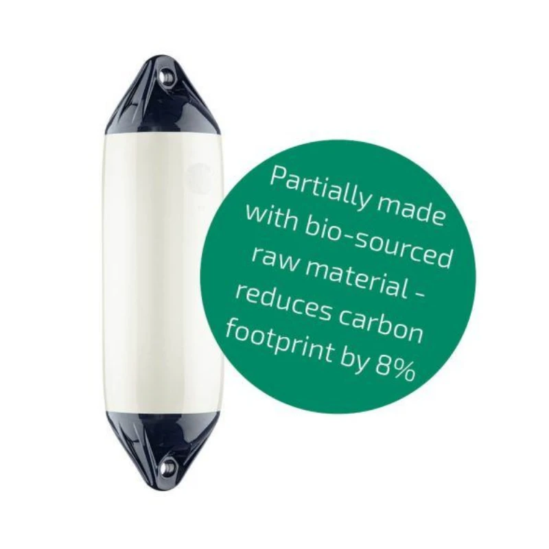 Polyform F3 white cylindrical fender with dark blue top and bottom eyelets on white background, plus green badge reading “Partially made with bio‑sourced raw material — reduces carbon footprint by 8%.”